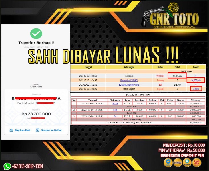 Selamat kepada member GNRTOTO yang hari ini telah mendapatkan Jackpot dari permainan Togel pada pasaran SYDNEY POOLS !!!

SALAM JP !!!